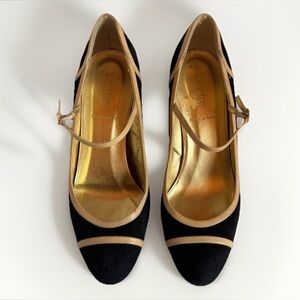 J Crew (8) Made In Italy Suede And Leather Black And Gold Strap Party Flawed